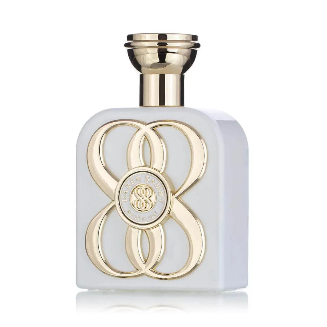 Daren Sammy Eau De Parfum – white and gold designer bottle viewed from the front, showcasing intricate logo design