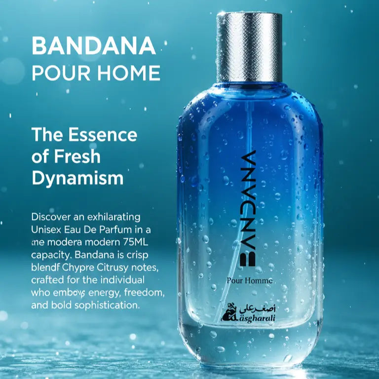 Blue bottle of bandana perfume with text on a blue background
