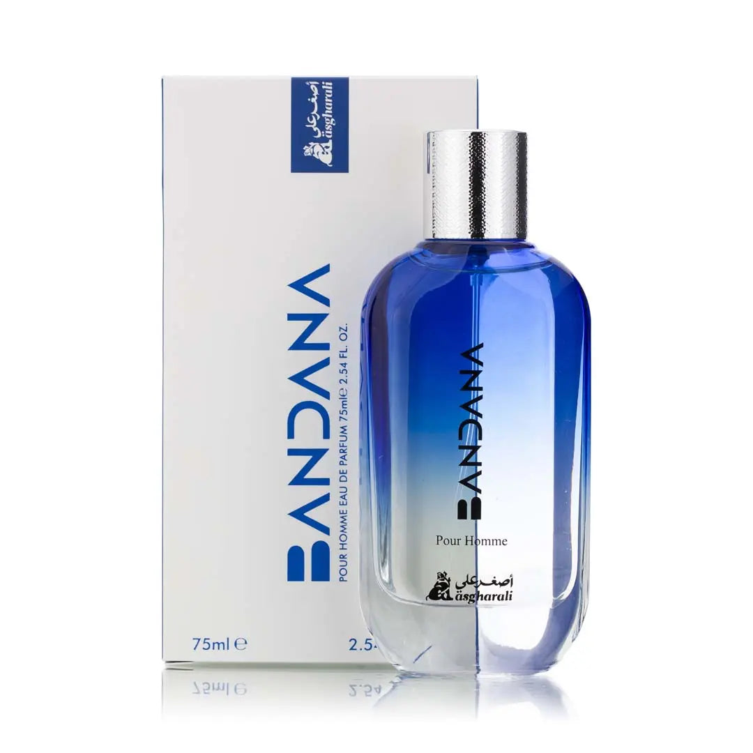 Blue Bandana perfume bottle with packaging on a white background